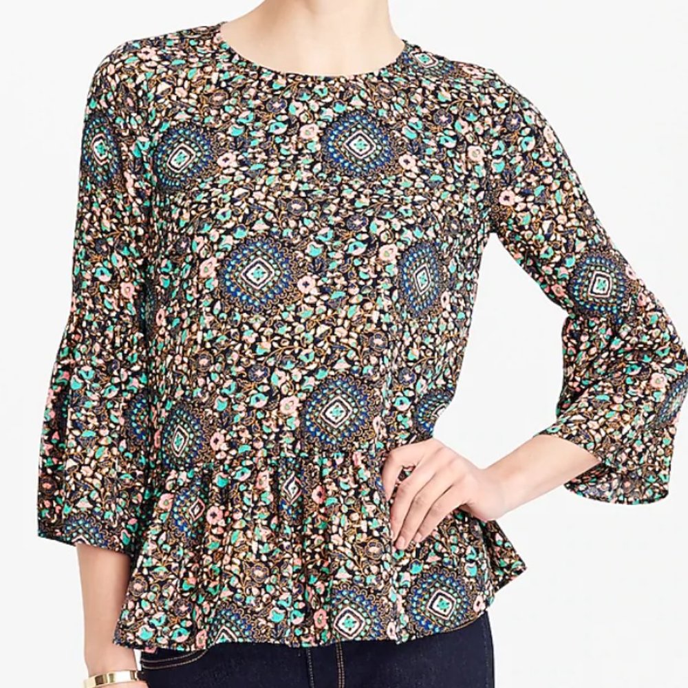 JCREW PRINTED BELL-SLEEVE TOP